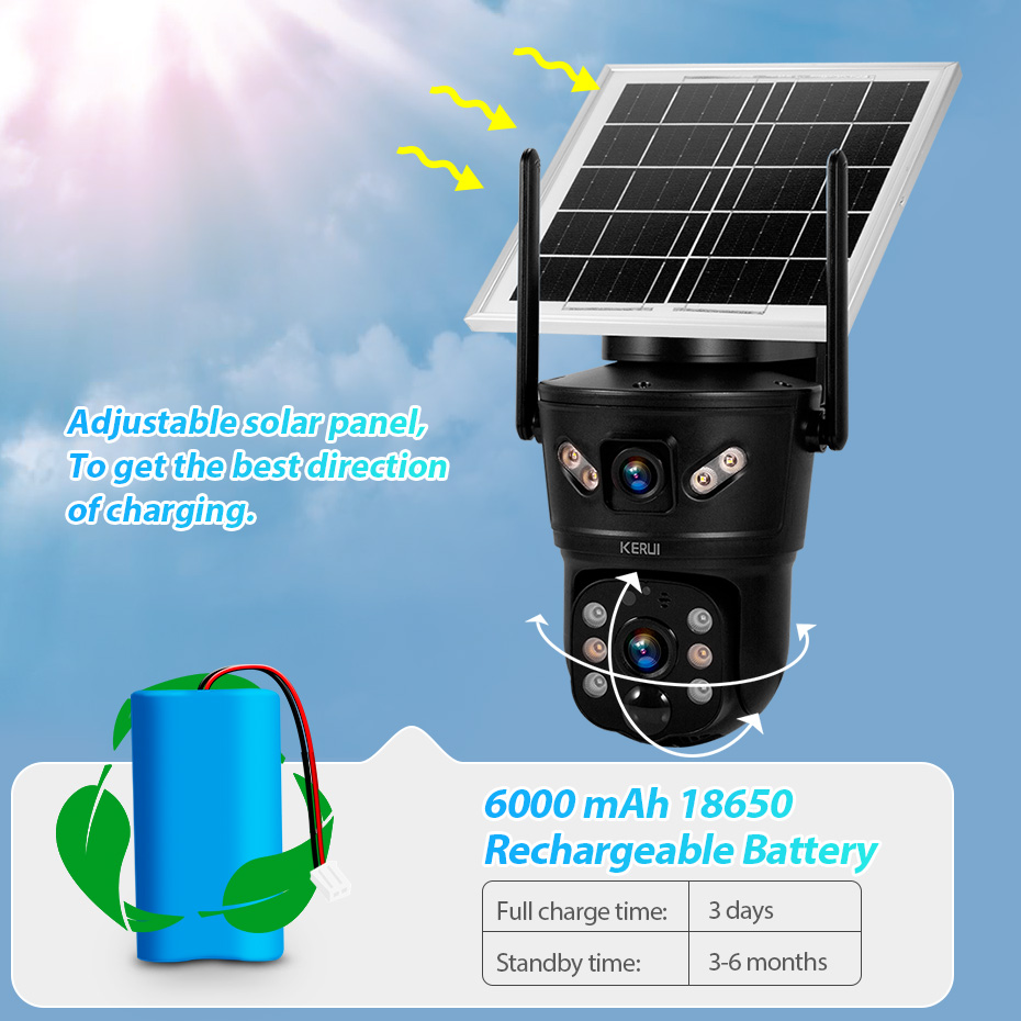 Outdoor Sport Camera - KERUI 6MP 4G SIM WiFiソーラーカメラ デュアルレンズ