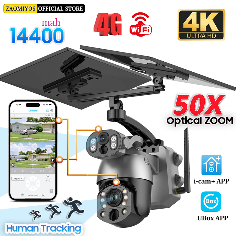 Outdoor Sport Camera - ソーラーIP屋外監視カメラ,デュアルレンズ,暗視,pir,cctvセキュリティ,バッテリー,4g sim,4k,50倍ズーム,10mp,360 °