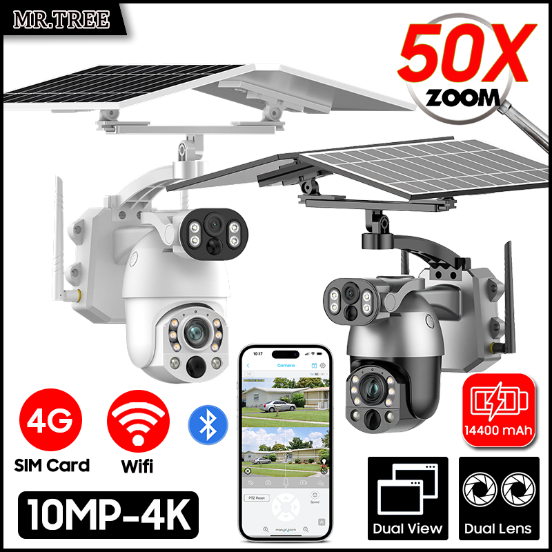Outdoor Sport Camera - デュアルレンズ付きソーラーカメラ,4G SIMカード,PTZ監視,wifi,屋外セキュリティ,ヒューマノイド追跡,IP cctvカメラ,4K, 50倍光学ズーム,10mp